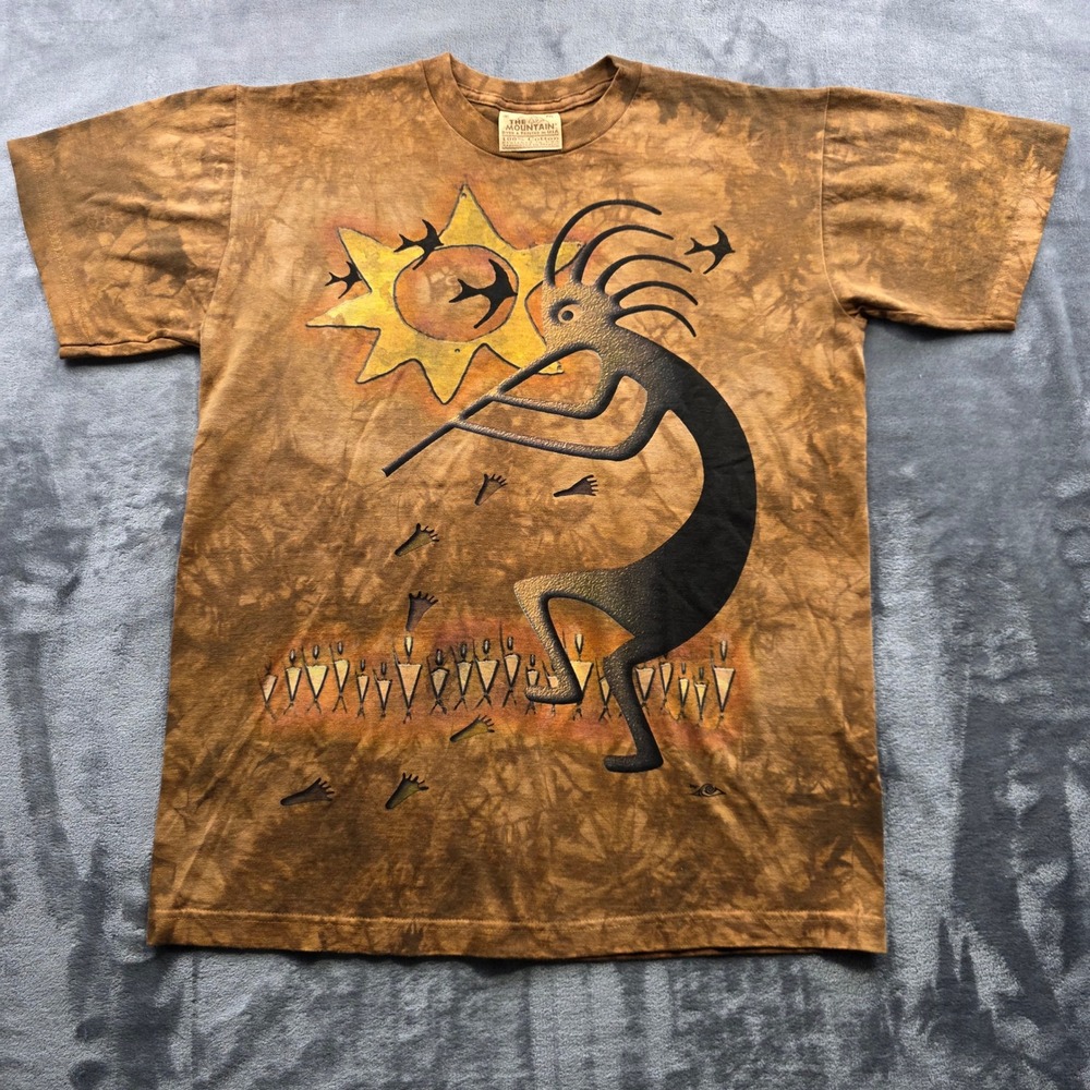 Vintage The Mountain Kokopelli T Shirt Medium Brown Tie Dye Southwestern Art USA